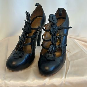 LAMB Black leather platform round toe heels
